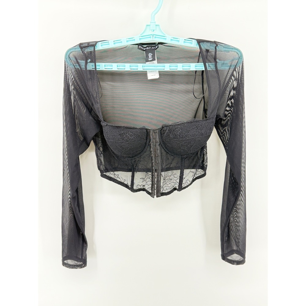 Sincerely Jules Lace Mesh Corset Top Long Sleeve Hook Eye Crop Large Festival